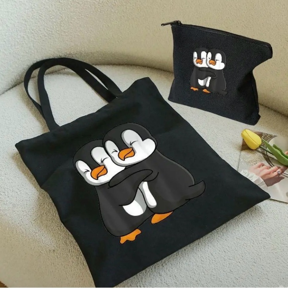 Black Penguin Tote Bag Set Tote Bag and Toiletry Bag